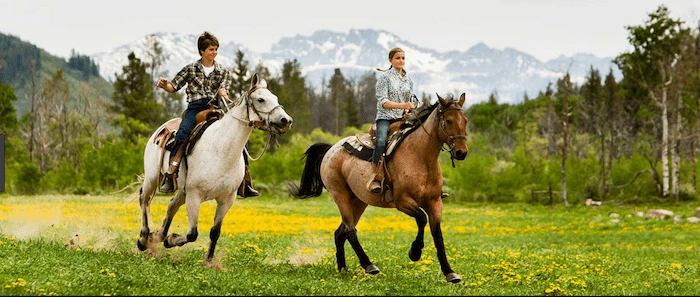 Confident plus-size woman riding Bridgend a horse through a field with a smile on her face.